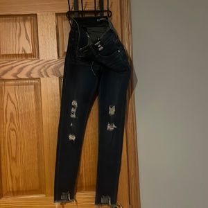 Express mid-rise dark blue skinny jeans with frayed hem